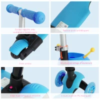 HOMCOM 5 en 1 Trottinette pour Enfants Trottinette 3 Roues évolutive Hauteur Guidon réglable charge max. 60 Kg Canne télescopique Selle Dossier Amovible Bleu(m-7)