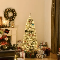 HOMCOM 5FT Prelit Artificial Snow Flocked Christmas Tree with Warm White LED Light, Holiday Home Xmas Decoration, Green White(m-2)