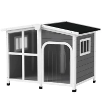 PawHut Wooden Dog Kennel with Removable Floor, Asphalt and Openable Roof, Giant Window for Large Dogs, Charcoal Grey(m-11)