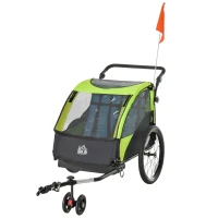HOMCOM Bike Trailer 2 In1 Child Kids Stroller 2 Seater Carrier with Adjustable Handlebar Hitch Coupler Green(m-1)
