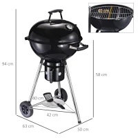 Outsunny Barbecue in Ghisa con 2 Ruote e 2 Griglie | Coperchio con Termometro, Valvola e Ripiano Inferiore | 50x63x94cm(m-3)