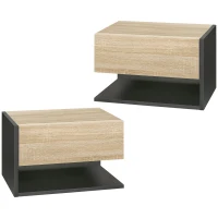 HOMCOM Juego de 2 Mesitas de Noche Flotantes Mesitas de Noche Colgantes con 1 Cajón y Estante Abierto 46x30x30cm Roble y Negro(m-11)