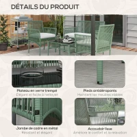 Outsunny Ensemble salon de jardin 4 pièces canapé 2 places 2 fauteuils 1 table basse plateau verre trempé(m-6)