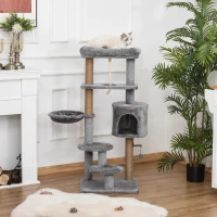 PawHut Cat Tree Tower for Indoor Cats 120cm Climbing Kitten Activity Center with Jute Scratching Post Perch Hanging Ball Hammock Teasing Rope Condo Toy Light Grey(m-2)