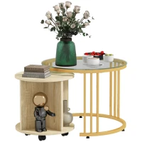 HOMCOM Set 2 Tavolini da Salotto Rotondi con Design Impilabile, 4 Ripiani Inferiori e 4 Ruote, Oro e Rovere(m-1)