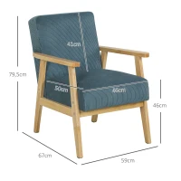 HOMCOM Fauteuil salon fauteuil 1 place style moderne du milieu du siècle tissu en velours côtelé 59 x 67 x 79,5 cm bleu(m-3)