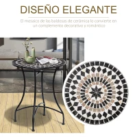 Outsunny Mesa de Jardín Redonda Mesa de Mosaico con Superficie de Cerámica y Macro de Metal Carga 50 kg para Patio Terraza Exterior Ø60x71 cm Negro(m-4)