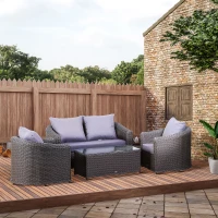 Outsunny Deluxe Round PE Rattan Garden Furniture Set, Fully-assembly Outdoor Sofa Set with Armchair, Loveseat, Glass Top Coffee Table, Aluminium Frame, Cushion, Grey(m-2)