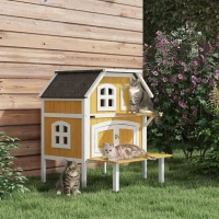 PawHut Outdoor Cat Shelter 2 Tiers Wooden Feral Cat House with Openable Asphalt Roof, Escape Doors, Terrace, for 1-2 Cats(m-10)