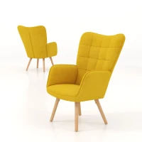 HOMCOM Modern Accent Chair Velvet-Touch Tufted Wingback Armchair Upholstered Leisure Lounge Sofa Club Chair with Wood Legs, Set of 2, Yellow(m-6)