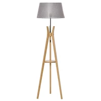 HOMCOM Natural Wood Tripod Floor Lamp Light E27 Base Bedroom Living Room Fabric Shade Storage Shelf Foot Switch, 156cm, Grey(m-1)