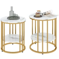HOMCOM Lot de 2 tables basses rondes tables de salon effet marbre avec étagère de rangement ouverte et cadre en acier or(m-11)