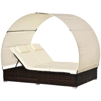 Outsunny Sdraio da Giardino Doppia con Tettuccio e Schienale 5 Reclinazioni, Lettino Prendisole in Rattan PE 196x137x31cm Bianco Crema(m-1)