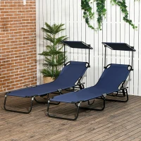 Outsunny Set of Two Folding Sun Loungers, with Adjustable Backs and Sun Canopies - Dark Blue(m-2)