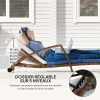 Outsunny Bain de soleil, chaise longue en résine tressée avec dossier réglable, roulettes, coussin et accoudoirs, marron et beige(m-4)