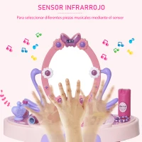 HOMCOM Tocador de Juguete para Niños +3 Años con  29 Piezas Taburete Función de Música Luces Centro de Belleza Infantil 49,5x23,5x69,5 cm Rosa(m-5)