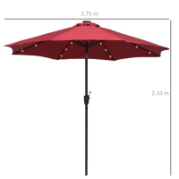 Outsunny Φ2.7m Garden 24 LED Light Parasol Solar Outdoor Tilt Sun Umbrella Patio Club Party Event Manual Sun Shade w/ Hand Crank and 8 Ribs, Red(m-3)