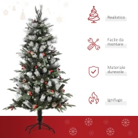 HOMCOM Albero di Natale Innevato 150cm con Bacche Rosse e Pigne Bianche, Base Rimovibile Pieghevole, 440 Rami, Verde(m-7)