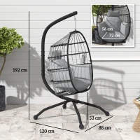 Outsunny Cadeira Suspensa com Suporte Cadeira Baloiço de Jardim com Cesto Dobrável Almofada e Apoio para a Cabeça 120x88x192 cm Cinzento(m-3)