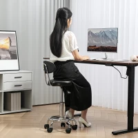 HOMCOM Banco Giratório com Rodas e Encosto Banco de Trabalho com Altura Ajustável Banco Estofado em Couro Sintético 32x40x70x70-86 cm Preto(m-2)