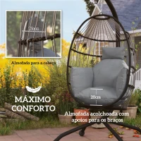 Outsunny Cadeira Suspensa com Suporte Cadeira Baloiço de Jardim com Cesto Dobrável Almofada e Apoio para a Cabeça 120x88x192 cm Cinzento(m-4)