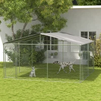 PawHut Canil de Exterior 4x4x2,3 cm com Toldo Anti-UV Recinto para Cães com Porta com Trava e Estrutura de Metal  Prata(m-2)