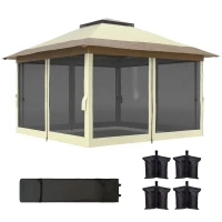 Outsunny Pérgola Dobrável 356x356x280 cm com 4 Paredes Laterais de Malha Anti-UV Altura Ajustável e Bolsa de Transporte Bege e Marrom(m-11)