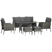Outsunny Conjunto Móveis de Jardim 6 Peças em Vime Sintético com Sofá de 3 Lugares 2 Poltronas Bancos e Mesa de Centro Cinza(m-10)