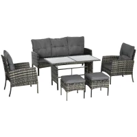 Outsunny Conjunto Móveis de Jardim 6 Peças em Vime Sintético com Sofá de 3 Lugares 2 Poltronas Bancos e Mesa de Centro Cinza(m-1)