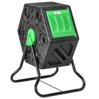 Outsunny Compostor Giratório de 65L Recipiente de Compostagem de Jardim com Câmera Dupla Aberturas de Ventilação 60x49x77 cm Preto(m-10)