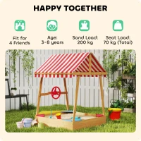 AIYAPLAY Wooden Kids Sandpit Boat Style with Canopy, 4 Seats, Rudder, Bottom Liner, for Children 3-8 Years, Yellow(m-7)