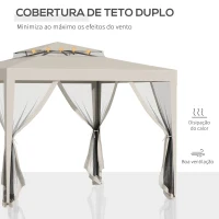 Outsunny Pérgola de Jardim 297x297x268 cm com Redes Mosquiteiras Laterais com Fecho de Correr Teto de Ventilação e 8 Orifícios de Drenagem Bege(m-4)