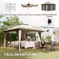 Outsunny Pérgola Dobrável 356x356x280 cm com 4 Paredes Laterais de Malha Anti-UV Altura Ajustável e Bolsa de Transporte Bege e Marrom(m-4)