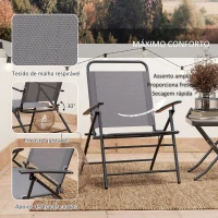 Outsunny Conjunto de Mesa e Cadeiras de 3 Peças Móveis de Jardim Dobráveis com Encosto Ajustável e Bancada de Vidro Cinza(m-6)