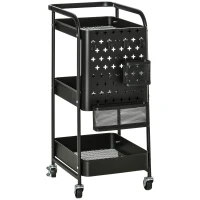 HOMCOM Desserte chariot de rangement pour bureau en métal chariot de service à roulettes 3 niveaux avec 2 range-couverts 4 crochets dim.51,5L x 32l x 75,6H cm - noir(m-10)