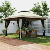 Outsunny Pérgola Dobrável 356x356x280 cm com 4 Paredes Laterais de Malha Anti-UV Altura Ajustável e Bolsa de Transporte Bege e Marrom(m-2)