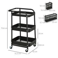 HOMCOM Desserte chariot de rangement pour bureau en métal chariot de service à roulettes 3 niveaux avec 2 range-couverts 4 crochets dim.51,5L x 32l x 75,6H cm - noir(m-3)