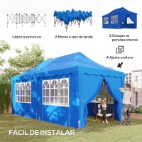 Outsunny Tenda Dobrável Pop Up 596x300x315 cm com 6 Paredes Laterais Anti-UV Altura Ajustável para Campismo Festas Azul(m-4)