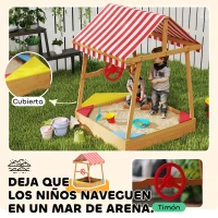 AIYAPLAY Arenero Infantil de Madera en Forma de Barco con Toldo Ajustable Timón y Forro de Base para Juegos al Aire Libre Natural(m-4)