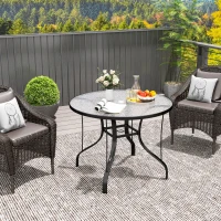 Outsunny Mesa Redonda para Jardín con Orificio para Sombrilla Encimera de Vidrio Estructura Metálica Ø96,5x71 cm Negro(m-7)
