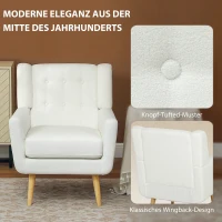 HOMCOM Fauteuil met Armleuningen, Oorfauteuil, Gepolsterde Stoel, Houten Poten, Knoopstiksels, Wit(m-4)