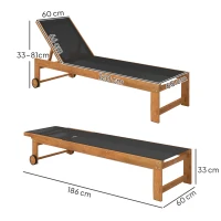 Outsunny Tumbona de Jardín con Respaldo Ajustable Ruedas Integradas y Estructura de Madera de Acacia Capacidad de 160 kg Negro(m-3)