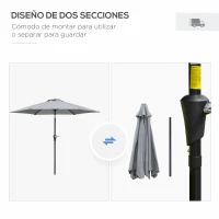 Outsunny Sombrilla de Jardín Ø230x216 cm con Apertura Manual Ángulo Ajustable e Impermeable para Terraza Piscina Gris(m-6)