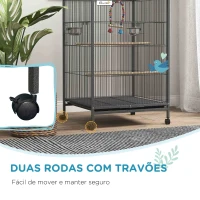 PawHut Gaiola para Pássaros com Rodas Gaiola para Aves com Comedouro Poleiro Baloiço e Bandeja Amovível 48x46x74 cm Cinzento(m-8)