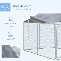 PawHut Perrera de Exterior con Toldo Anti-UV Impermeable Puerta con Pestillo y Marco de Metal Galvanizado 4x2,3x2,3 m Plata(m-5)
