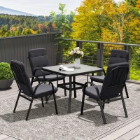 Outsunny 5 Pieces Outdoor Square Garden Dining Set w/ Tempered Glass Dining Table 4 Cushioned Armchairs, Umbrella Hole, Black(m-8)