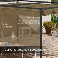 Outsunny Pérgola de Jardín 3x2m Cenador de Techo Retráctil de Poliéster Recubrimiento Resistente para Celebraciones Fiestas Caqui(m-5)