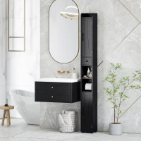 HOMCOM Columna de Baño con 2 Puertas Compartimento Abierto Estantes Ajustables y Portarrollos 20x20x185 cm Negro(m-2)