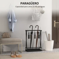 HOMCOM Paragüero Moderno de Acero con 21 Espacios y 24 Ganchos Bandeja Recogegotas Extraíble para Entrada 50x24x68 cm Negro(m-4)