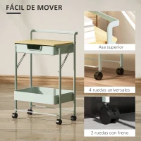 HOMCOM Carrito Auxiliar con Ruedas de 2 Niveles con Cajón Encimera y Cesta de Rejilla para Dormitorio Baño Cocina Verde Claro(m-5)